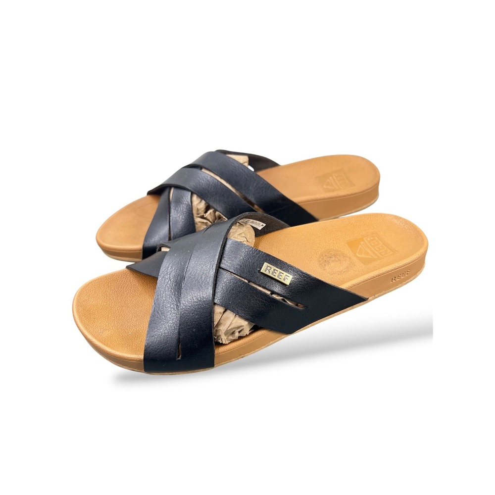 Reef Horizon X Slide Sandals Womens 6 Black Tan Crisscross Straps C-21 ICC
